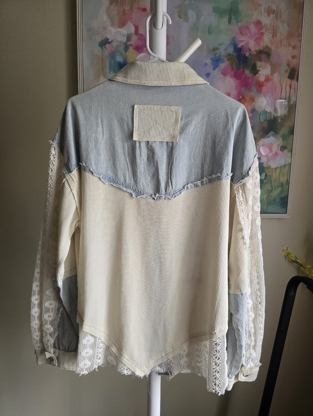 POL Mixed Media Denim Lace Waffle Knit Oversized Shacket Medium NWOT - Picture 4 of 6